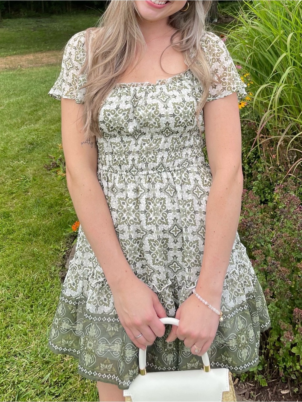 Flowy Smocked Green and White Printed Mini Dress